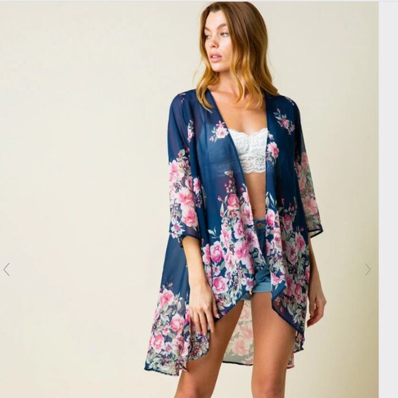 Cozy Casual 3X Maja Floral Chiffon Kimono Sheer Blue Pink Floral NEW - Picture 8 of 8